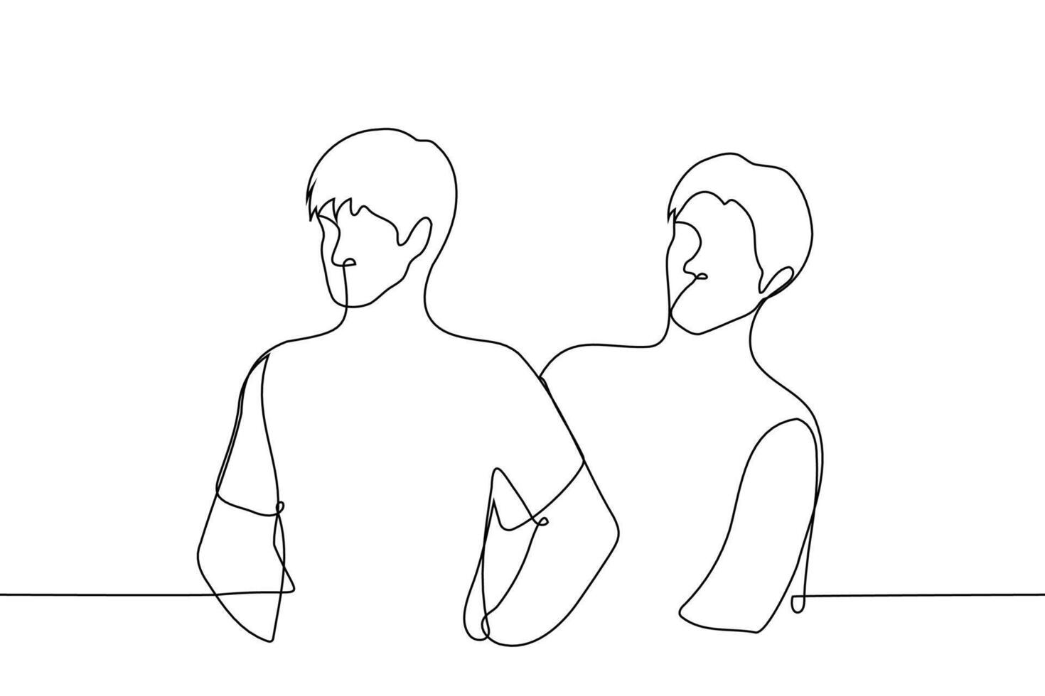 man looking from behind a man standing in front with his hands on his hips - one line art vector
