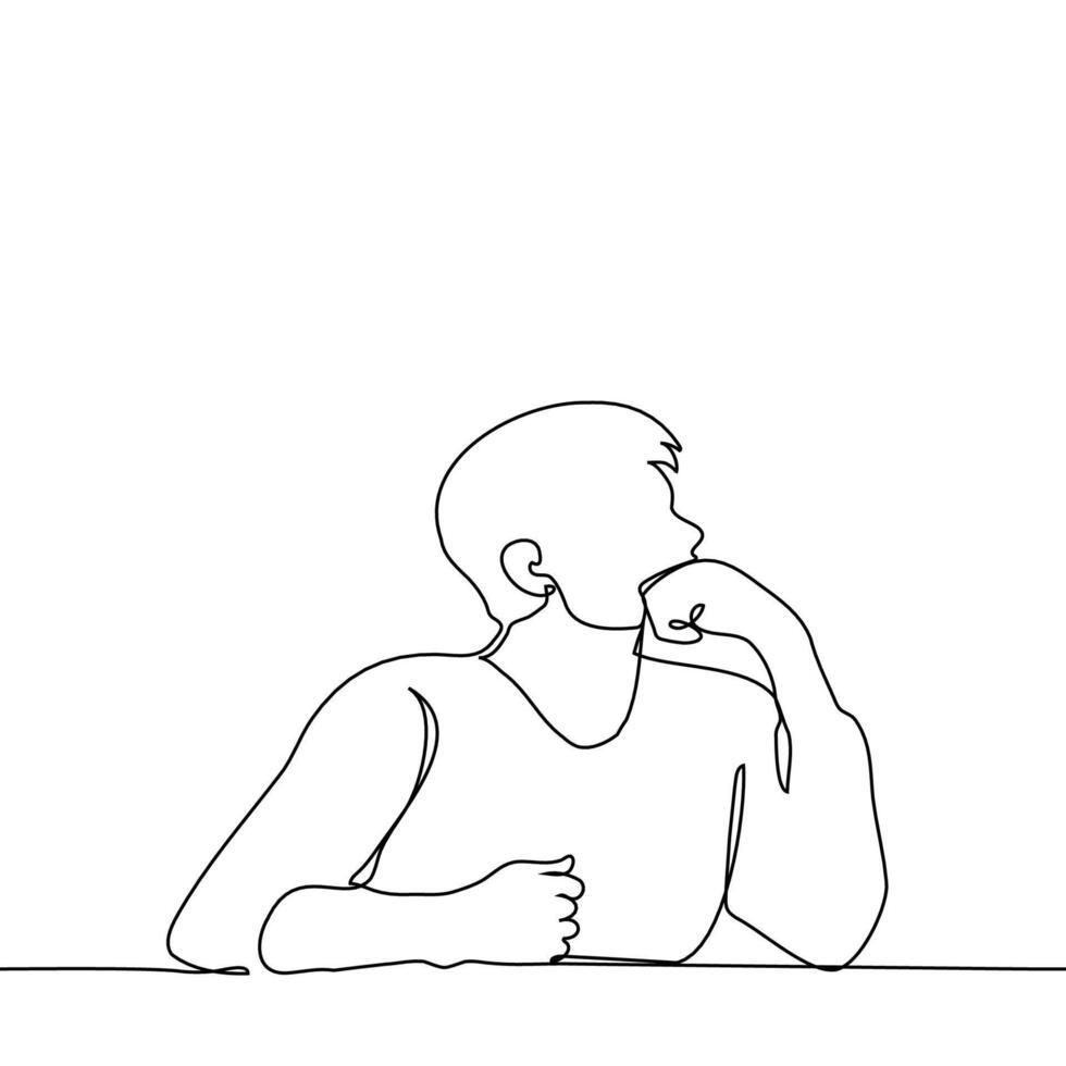 man sitting at table close-up in profile deep in thought or staring, propping his chin on his fist - one line art vector