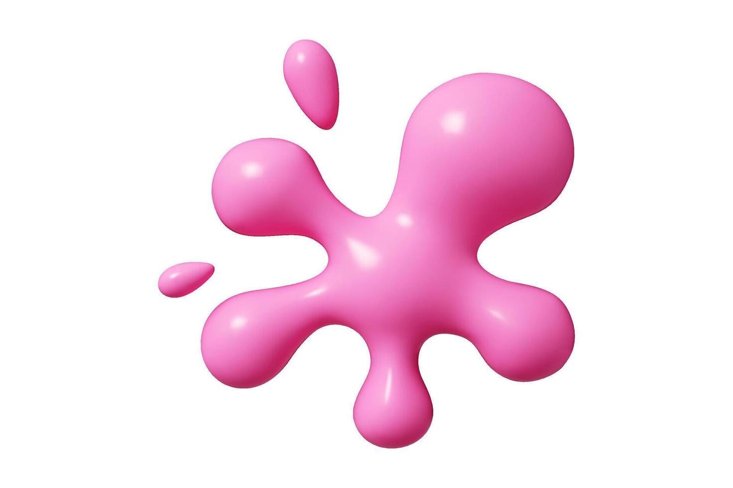 Pink liquid 3d abstract shape with smooth curved edges and scattered blob droplets. design element vector