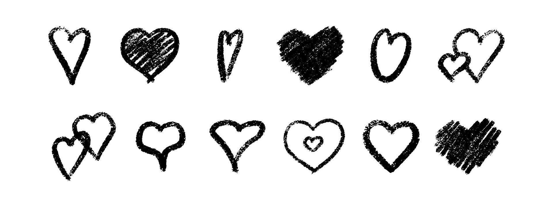Crayon heart symbols with chalk texture set. vector