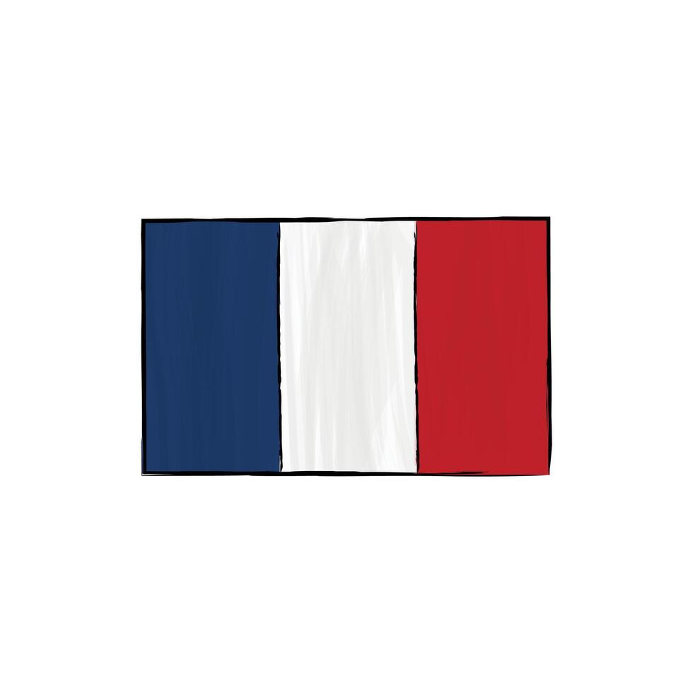 France flag with outline isolated on a white background. Hand drawn color illustration in sketch style. Graphic element. vector