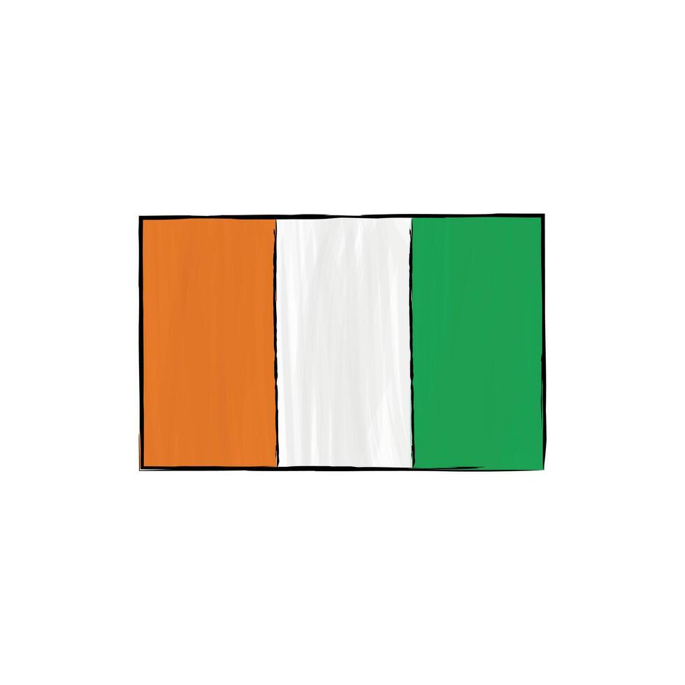 Ivory Coast flag with outline isolated on a white background. Hand drawn color illustration in sketch style. Graphic element. vector