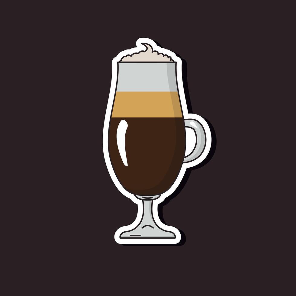 Irish coffee with whiskey in a glass. Alcoholic cocktail. Flat illustrations for cafe menu, stickers, badges, cards, poster, tags, scrapbooking. vector