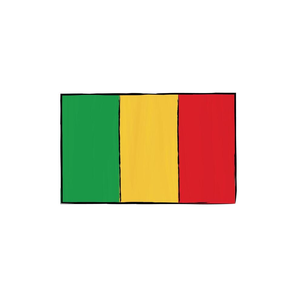 Mali flag with outline isolated on a white background, graphic element. Hand drawn color illustration in sketch style. vector