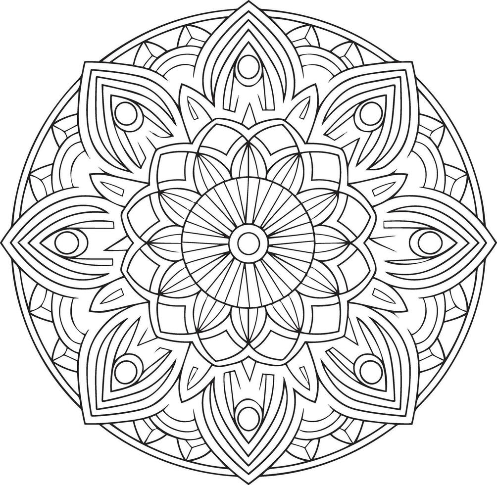Intricate Mandala Design for Coloring Books Silhouette line art, symmetrical patterns and detailed floral elements vector