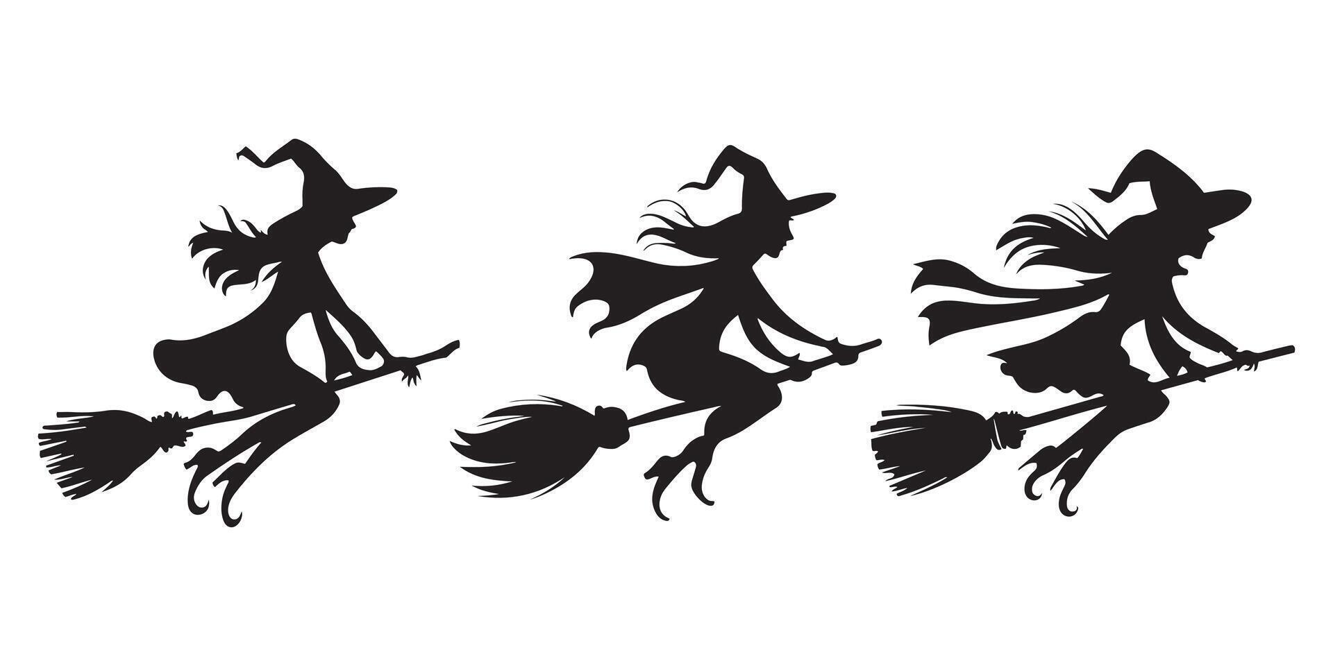 Set Of Halloween Witches Silhouettes Flying on Broomsticks vector