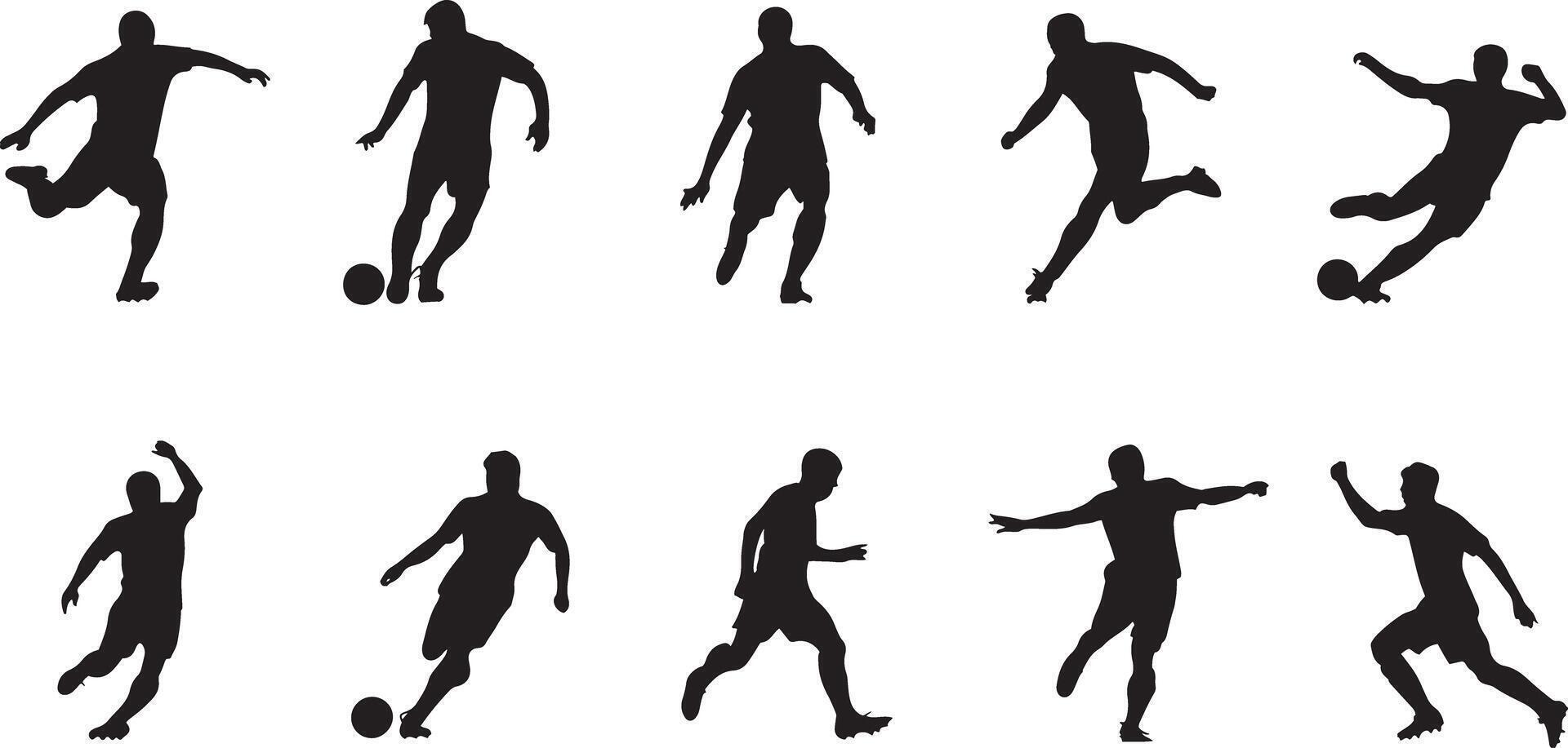 A collection of black silhouette of soccer players in various poses, kicking, running, and jumping. vector