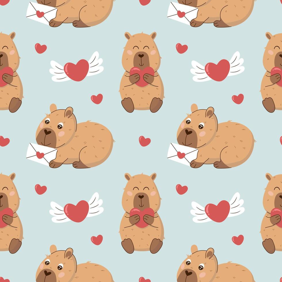 Seamless Valentine's Day pattern with cute capybaras, a heart and a letter on a blue background. Perfect for gift wrapping, fabric, wallpaper and digital design. Playful and quirky style. vector