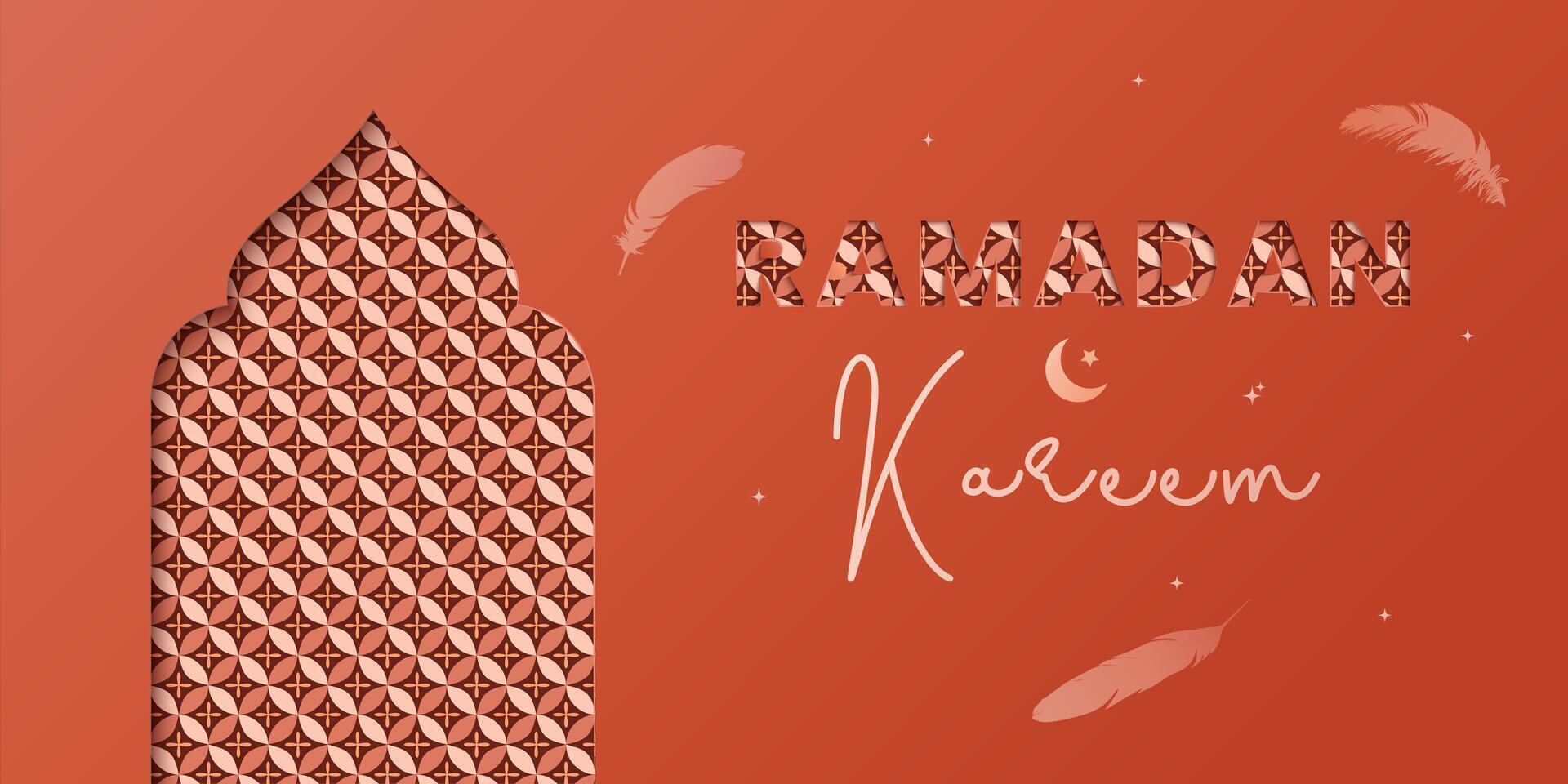 Ramadan Kareem banner with paper-cut effect, elegant geometric patterns, Arabic calligraphy, and warm terracotta tones. Ideal for social media, invitations, posters, and Islamic holiday greetings vector