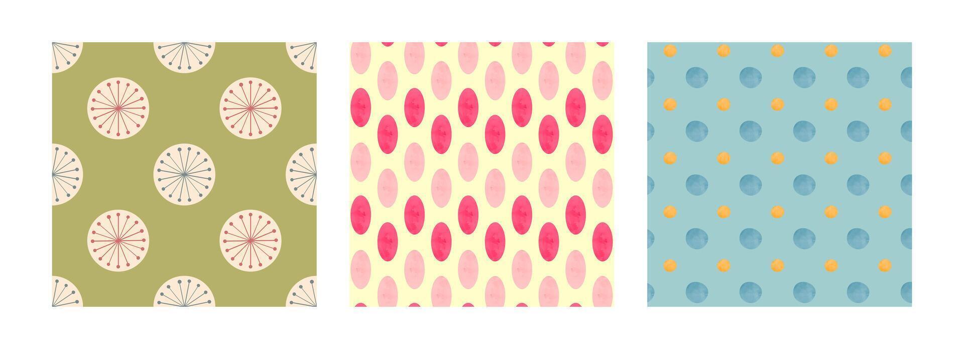 set of seamless watercolor geometric patterns. Green with abstract dandelions, cream with pink ovals, blue with orange dots. Perfect for stationery, gift wrap, fabrics, and digital backgrounds. vector