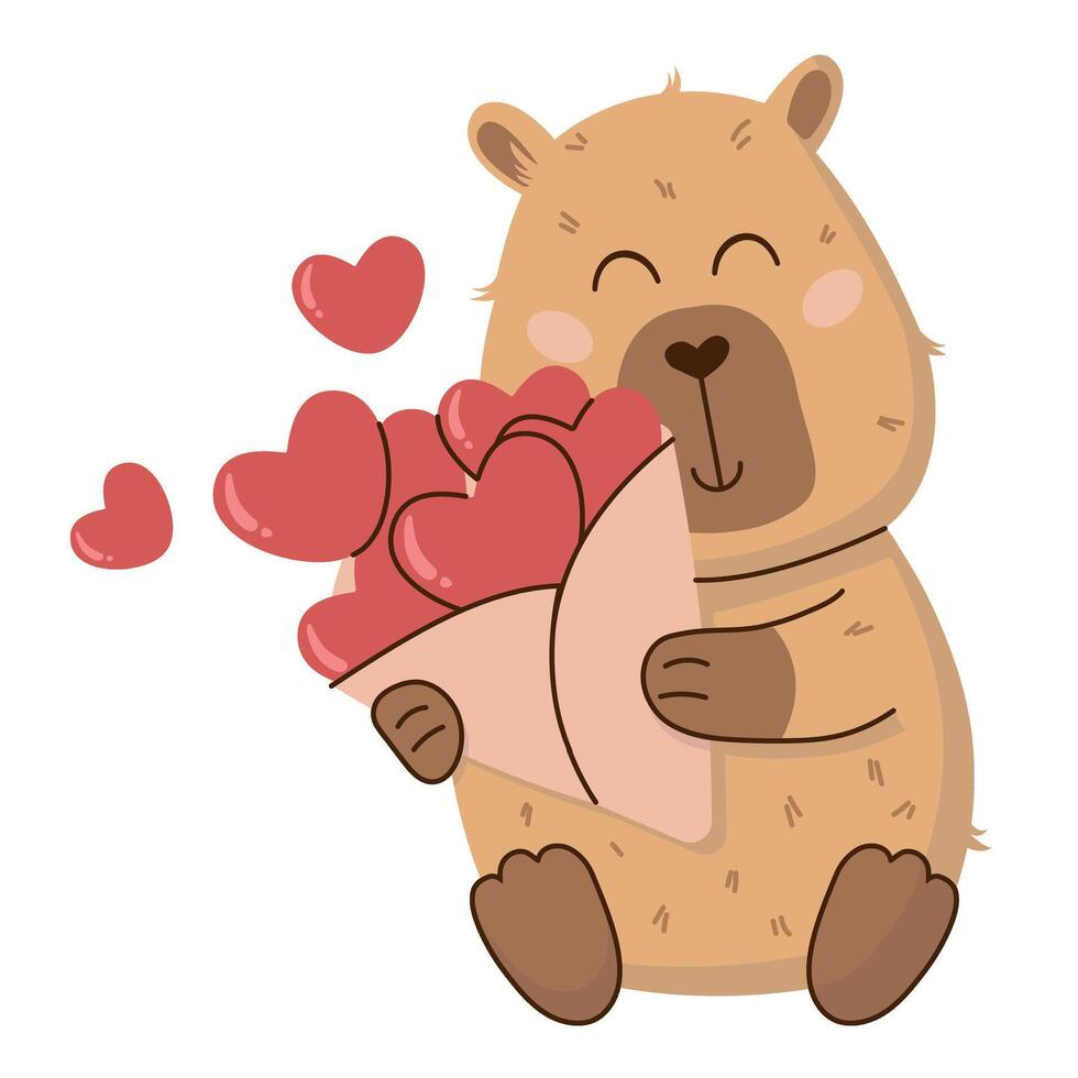 A cute illustration of a happy capybara holding a bouquet of hearts. Ideal for Valentines Day cards, stickers, posters, and social media. Adorable and playful design with a warm, joyful vibe. vector