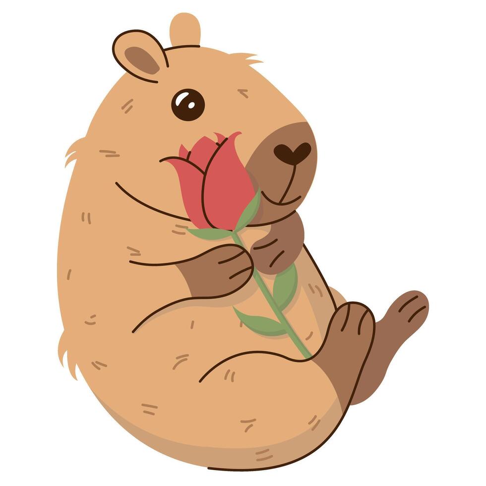 Cute illustration of a capybara in love holding a red rose on a transparent background. Perfect for Valentine's Day cards, stickers, posters and social media. Charming and playful design. vector