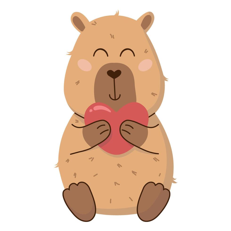 Cute isolated illustration of a loving capybara holding a heart on a transparent background. Perfect for Valentines Day cards, stickers, posters and social media. Charming and playful design. vector