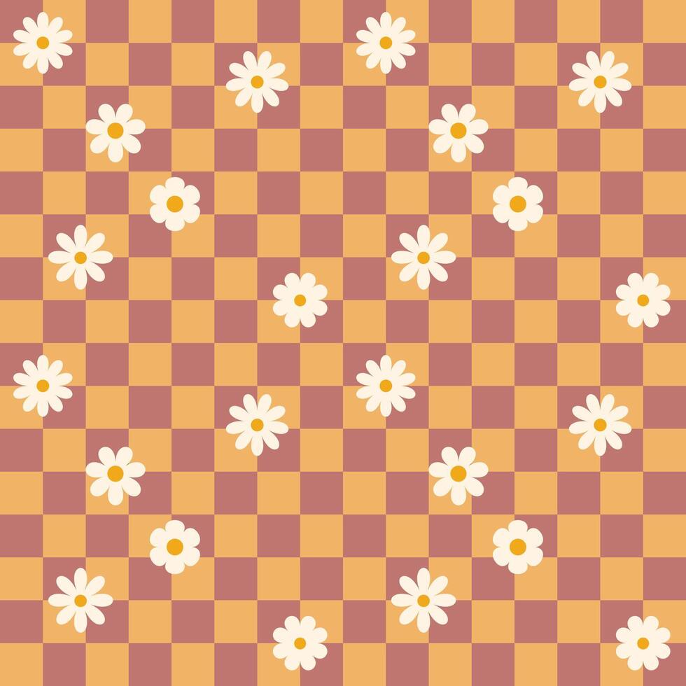 Groovy flower checkerboard pattern. Retro seamless pattern with simple flowers in 1970s style. Groovy background for Tshirt, poster, card and print. Doodle vector