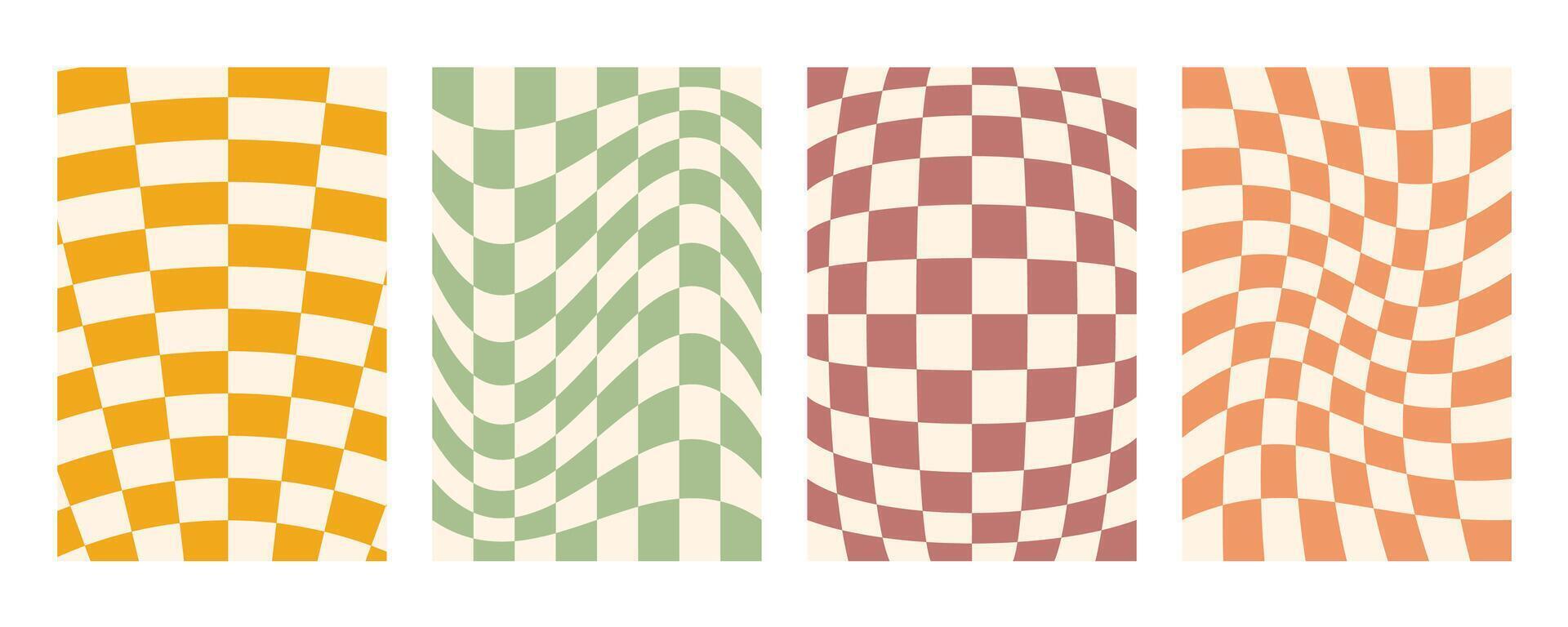 Groovy distorted checker board background set. Hand drawn groovy, hippie backgrounds. Distorted checker, warped streaks, fluid liquid wavy lines, doodle waves. Checkered rectangle templates collection vector