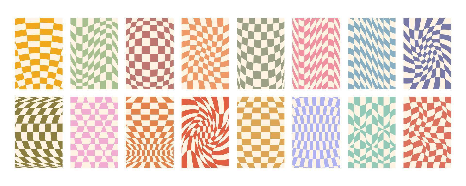 Groovy distorted checked background big set. Hand drawn groovy, hippie backgrounds. Distorted checker, warped streaks, fluid liquid wavy lines, doodle waves. Checker rectangle templates collection. vector