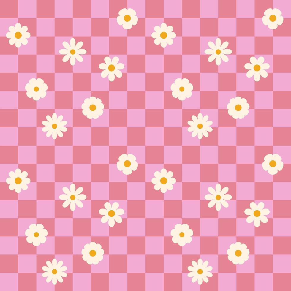 Pink groovy flower checkered pattern. Retro seamless pattern with simple flowers in 1970s style. Groovy background for Tshirt, poster, card and print. Doodle vector