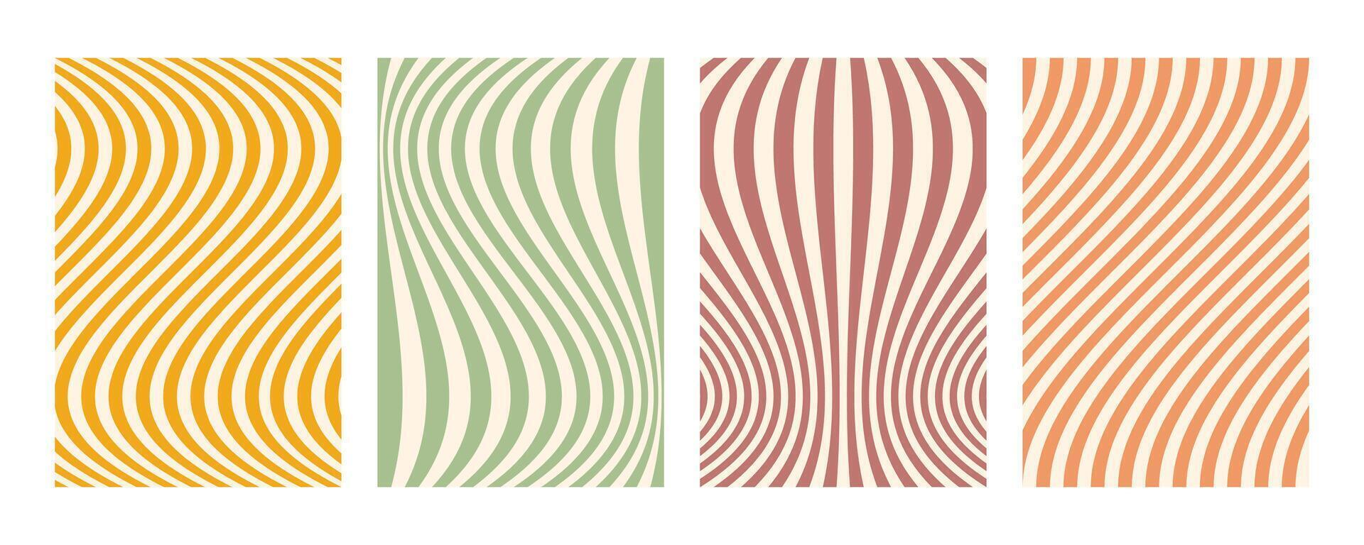 Groovy wave stripe set. Hand drawn groovy, hippie backgrounds. Distorted vertical stripes, warped streaks, fluid liquid wavy lines, doodle waves. Striped rectangle templates collection. vector