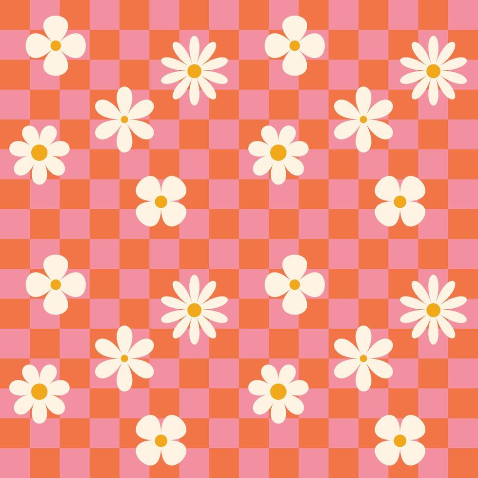 Red and pink groovy flower checkered pattern. Retro seamless pattern with simple flowers in 1970s style. Groovy background for Tshirt, poster, card and print. Doodle vector
