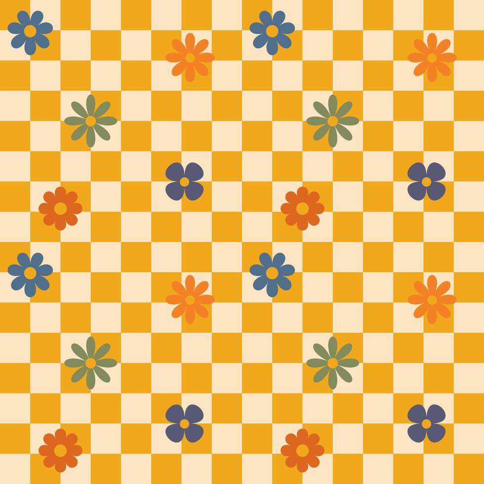 Yellow groovy flower checkered pattern. Retro seamless pattern with simple flowers in 1970s style. Groovy background for Tshirt, poster, card and print. Doodle vector