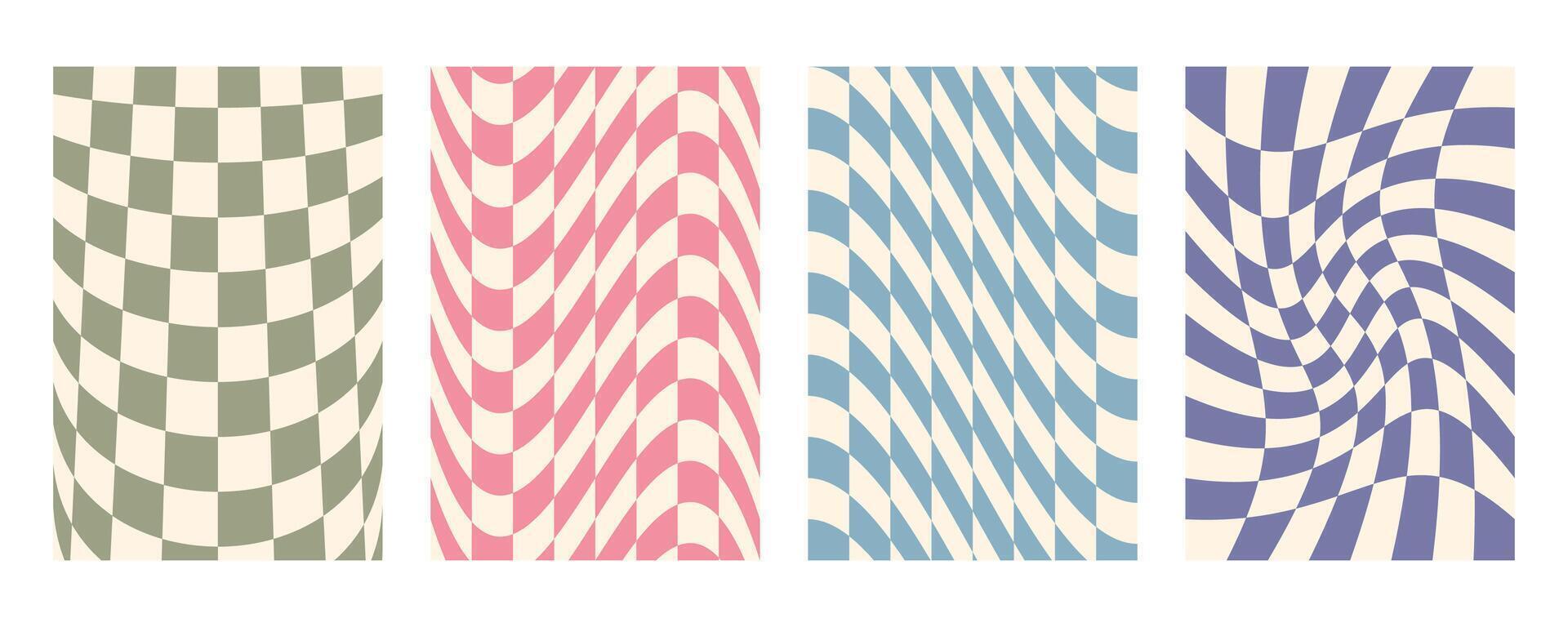 Groovy distorted checkerboard background set. Hand drawn groovy, hippie backgrounds. Distorted checker, warped streaks, fluid liquid wavy lines, doodle waves. Checkered rectangle templates collection. vector