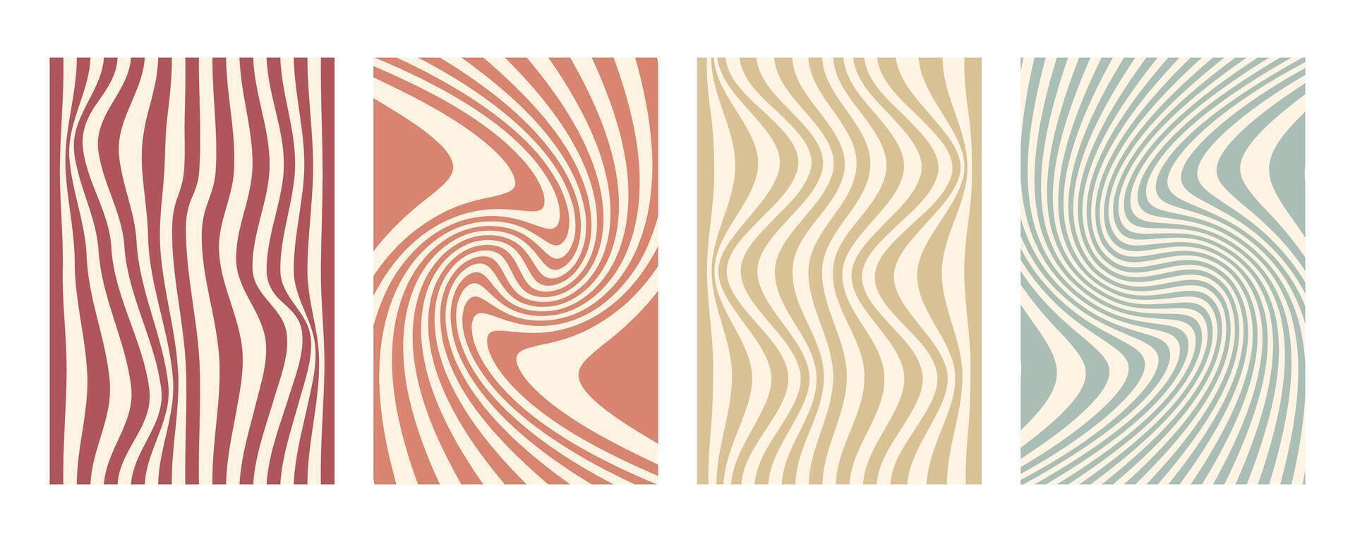 Groovy wave stripe set. Hand drawn groovy, hippie backgrounds. Distorted vertical stripes, warped streaks, fluid liquid wavy lines, doodle waves. Striped rectangle templates collection. vector