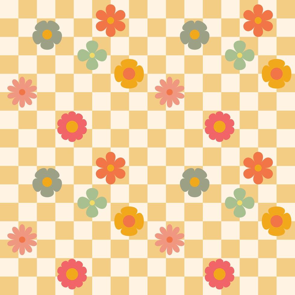 Light yellow groovy flower checkered pattern. Retro seamless pattern with simple flowers in 1970s style. Groovy background for Tshirt, poster, card and print. Doodle vector