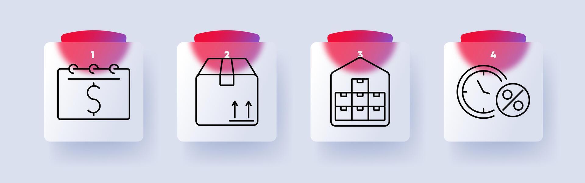 Finance and logistics set icon. Payment schedule, package delivery, warehouse storage, interest rates, economic planning, business operations, supply chain management, time-based discounts vector