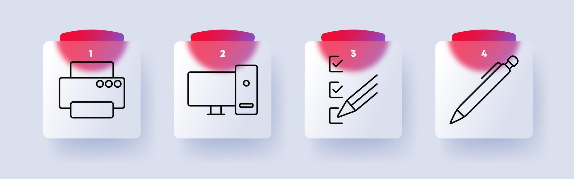 Office and productivity set icon. Printer, desktop computer, checklist, pen, office work, documentation, organization, business tools vector