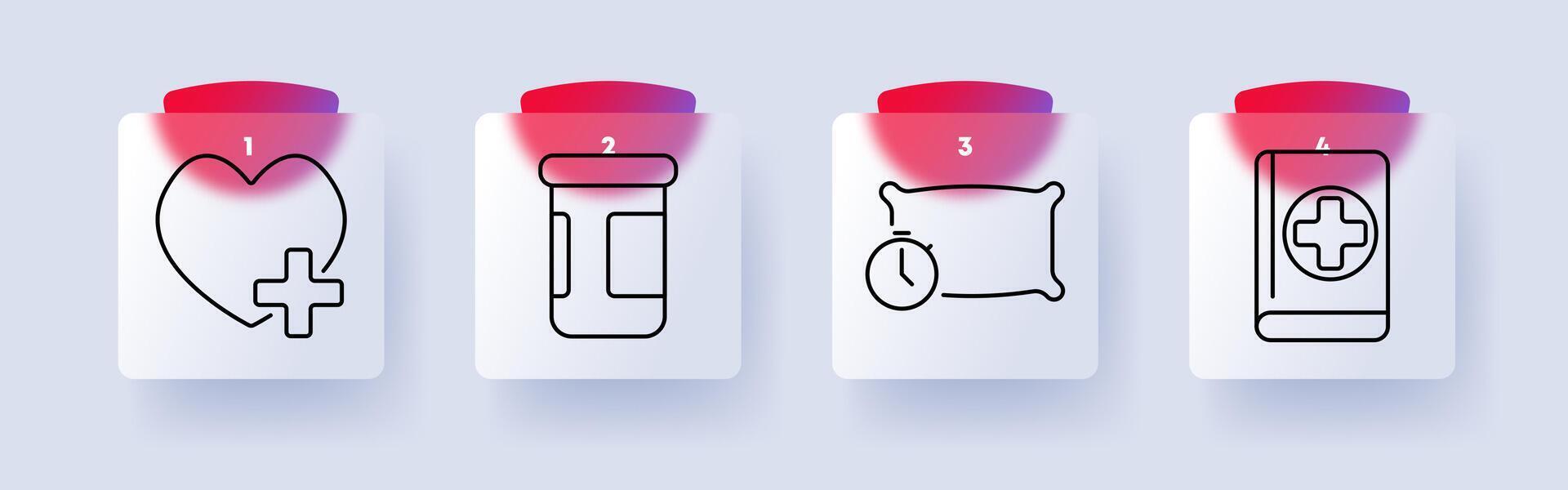 Healthcare and wellness set icon. Heart with medical cross, pill bottle, sleep schedule, first aid book, health, medication, self-care, emergency aid vector