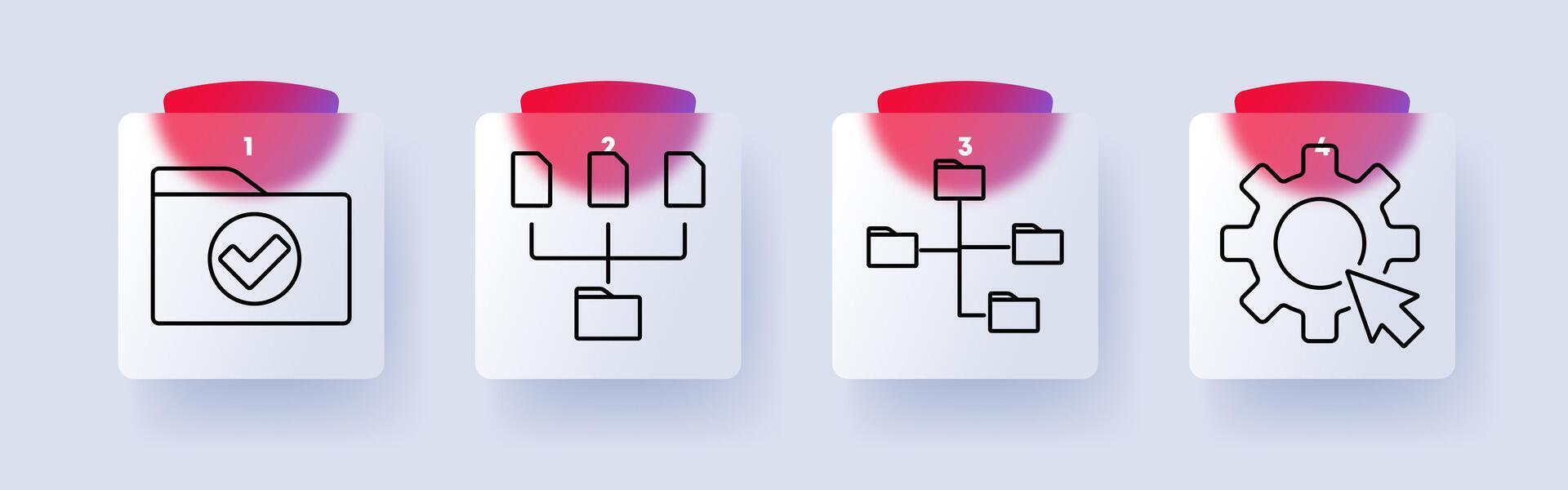 File management set icon. Folder check, file structure, network folders, settings gear, organization, data storage, digital access, system management vector