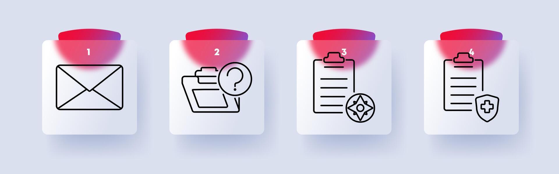 Documentation and communication set icon. Email, file folder with question mark, clipboard with compass, medical report, documents, organization, messaging vector