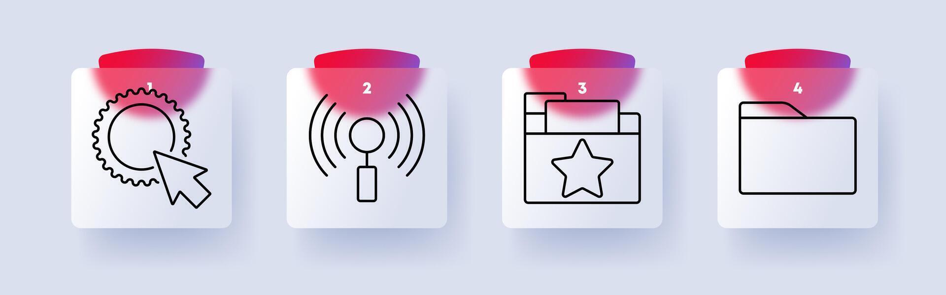 Technology and data management set icon. Settings, wireless signal, favorite folder, file management, data organization, system control, online access, digital tools vector