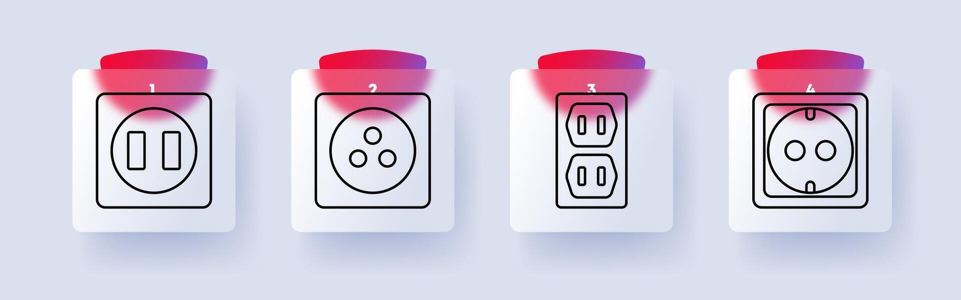 Electrical outlets set icon. Power sockets, electrical plugs, energy connection, home appliances, charging system, voltage supply, international standards, safety vector