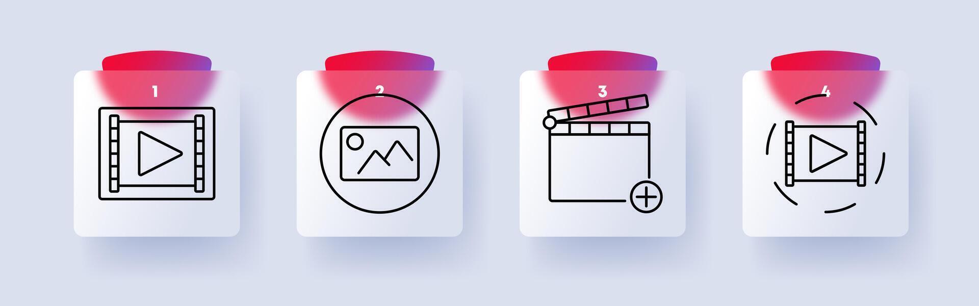editing and content creation set icon. Play button, image file, clapperboard with plus sign, processing, multimedia, streaming, filmmaking, digital media vector
