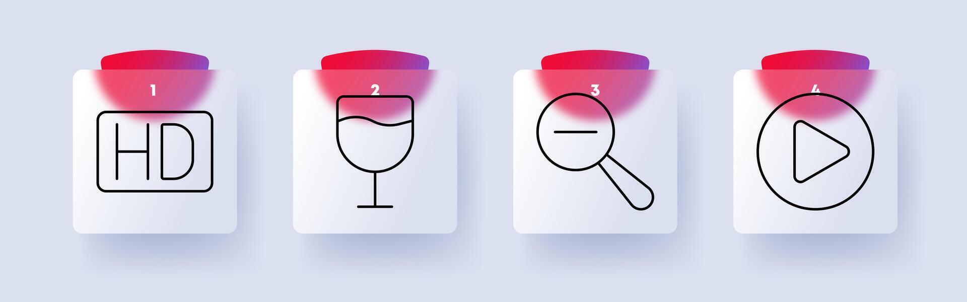 Multimedia set icon. HD screen, wine glass, magnifying glass, play button, , search, zoom, quality, alcohol, entertainment, streaming, display, resolution, movie, cinema, media vector