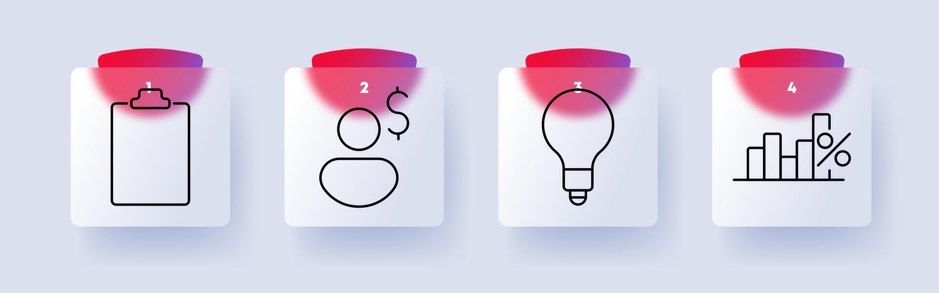 Business set icon. Clipboard, user with dollar sign, lightbulb, bar chart with percentage, management, finance, analytics, strategy, statistics, innovation vector