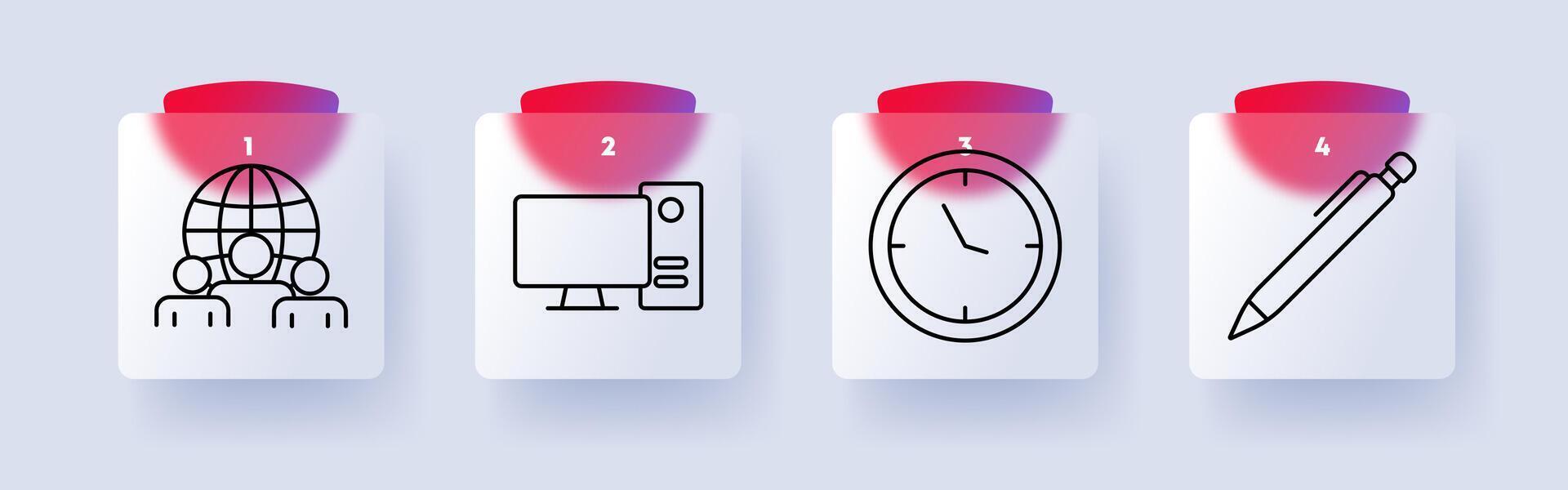 Office set icon. Global community, desktop computer, clock, pen, business, teamwork, work environment, productivity, organization, planning vector
