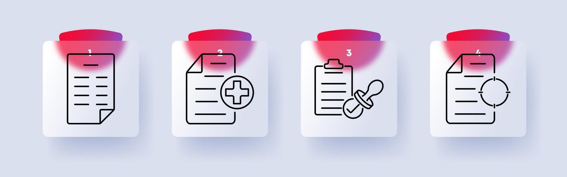 Document set icon. Paper sheet, medical document, clipboard with pacifier, report with circular focus, paperwork, healthcare, records, official files, information vector