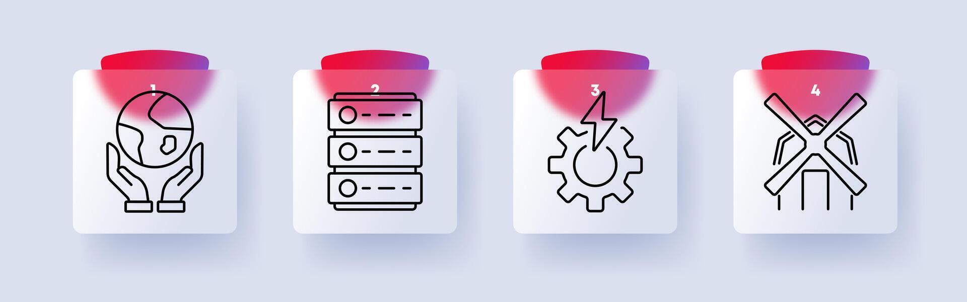 Environmental set icon. Hands holding Earth, server, gear with power symbol, windmill, sustainability, energy, renewable resources, eco-friendly technology vector