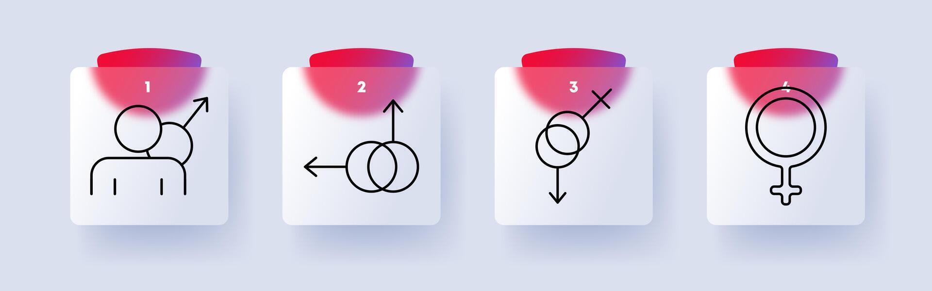 Gender set icon. Male symbol with person, gender arrows, transgender icon, female symbol, identity, sexuality, diversity, equality, human rights. vector