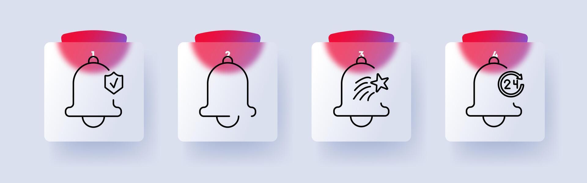 Notification set icon. Bell, alert, security, star, favorite, 24 hours, reminder, urgent, system, badge, message, alarm, update, information, signal, service. vector