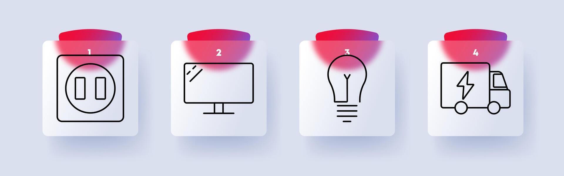 Technology and electricity set icon. Power socket, computer monitor, light bulb, electric truck, innovation, energy consumption, digital devices, modern industry vector