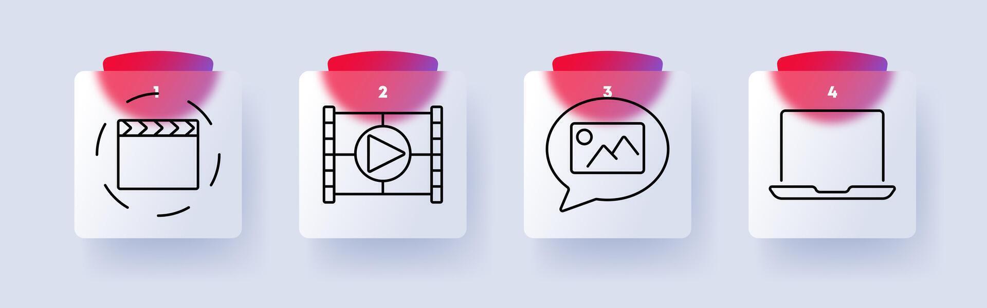 Media set icon. Clapperboard with rotation arrows, filmstrip with play button, image inside speech bubble, laptop, filmmaking, photography, digital content, multimedia vector