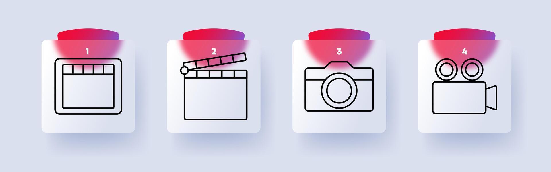 Media set icon. Filmstrip, clapperboard, camera, recorder, cinema, photography, filmmaking, entertainment, multimedia, recording, digital content vector