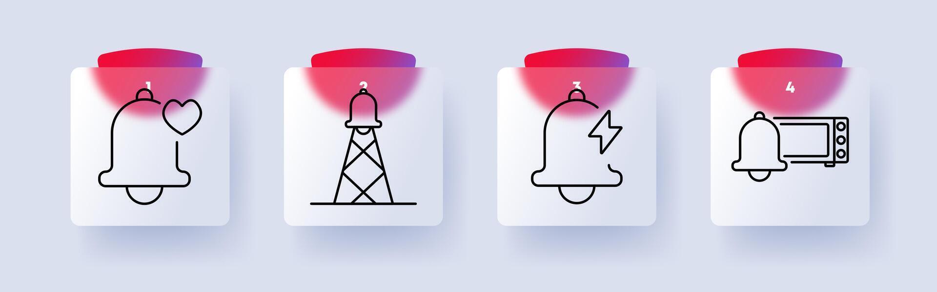 Alert set icon. Bell, favorite, transmission tower, electricity, notification, emergency, power, broadcast, warning, love, energy, signal, radio, support, TV vector