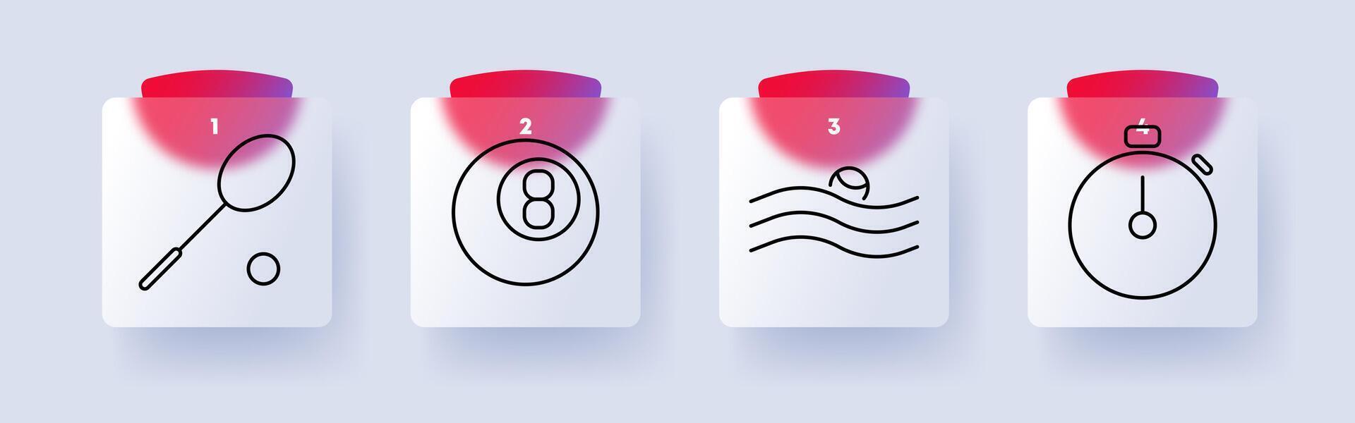 Sports set icon. Badminton racket, billiard ball, swimming, stopwatch, fitness, timing, game, exercise, aquatic sports, competition, training. vector