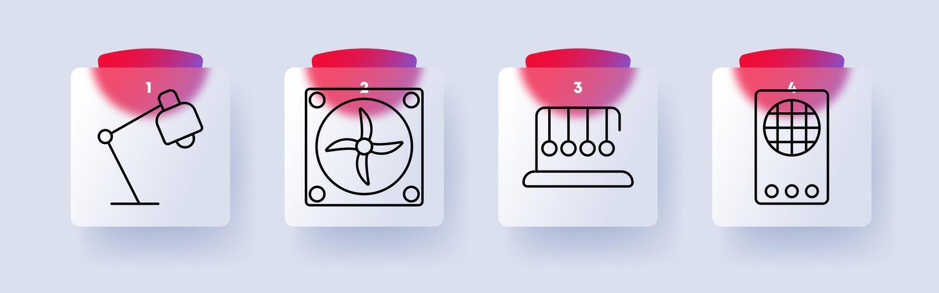 Technology set icon. Desk lamp, cooling fan, Newton's cradle, radio, engineering, airflow, science, mechanics, motion, communication. vector