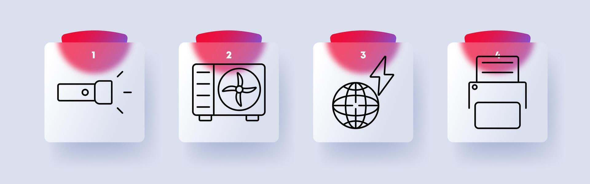Utilities set icon. Flashlight, air conditioner, global electricity, printer, lighting, cooling, energy, climate control, technology, communication. vector
