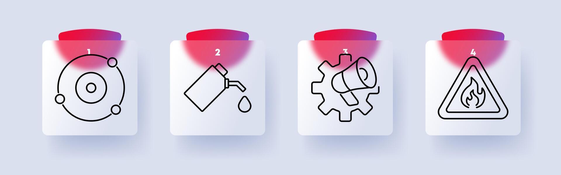 Hazard set icon. Atomic structure, fuel nozzle, megaphone with gear, fire warning, safety, industrial risk, emergency, caution, dangerous materials, alerts. vector